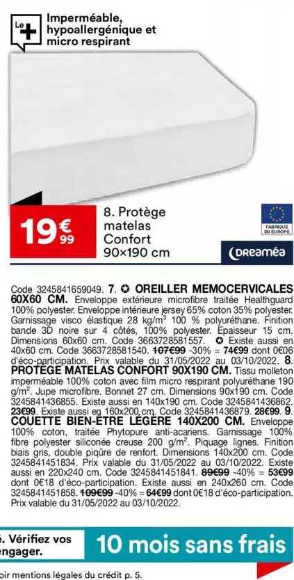 o oreiller memocervicales 60x60 cm, protege matelas confort 90x190cm, couette bien-être legere 140x200cm