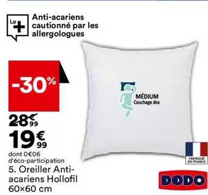 oreiller anti-acariens hollofil 60 x 60cm