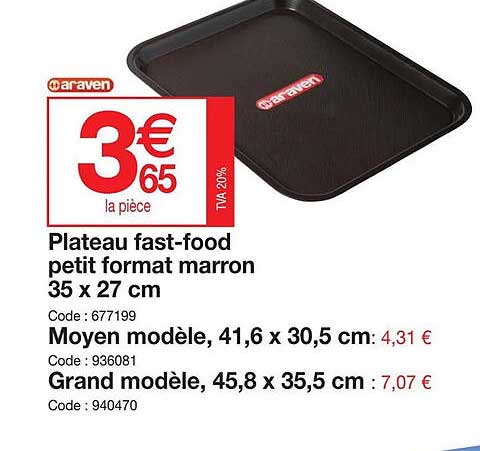 plateau fast-food petit format marron 35 x 27 cm, moyen modèle, 41,6 x 30,5 cm, grand modèle 45,8 x 35,5 cm