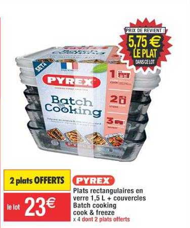 plats rectangulaires en verre 1,5 l + couvercles batch cooking cook & freeze pyrex