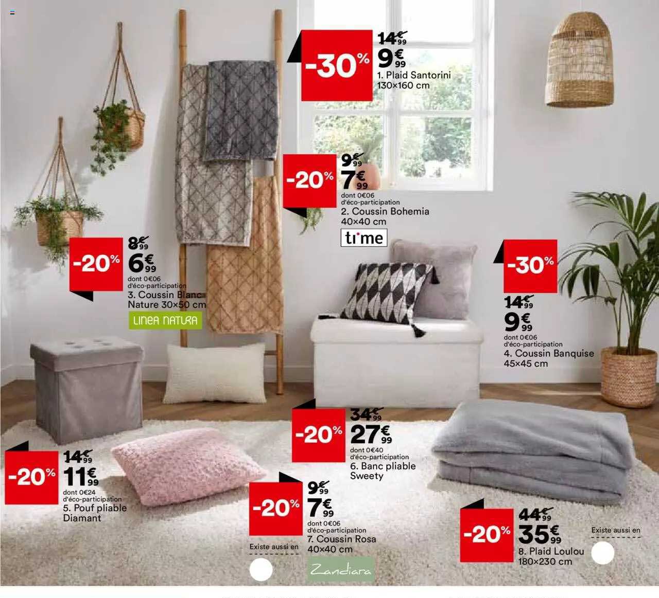 pouf pliable diamant; coussin blancs nature, coussin rose 40x40 cm, banc piable sweety, plaid loulou, coussin banquise 45 x 45 cm, coussin bohemia, plaid santorini