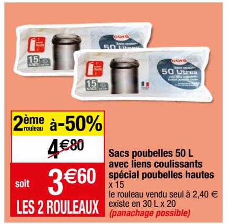 sacs poubelles 50 l avec liens coulissants spécial poubelles hautes