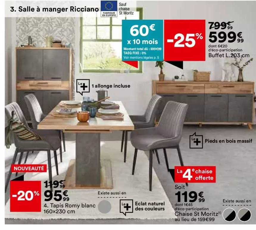 salle à manger ricciano: tapis romy blanc 160 x 230 cm, chaise st moritz, buffet l.203cm, 1 allonge incluse