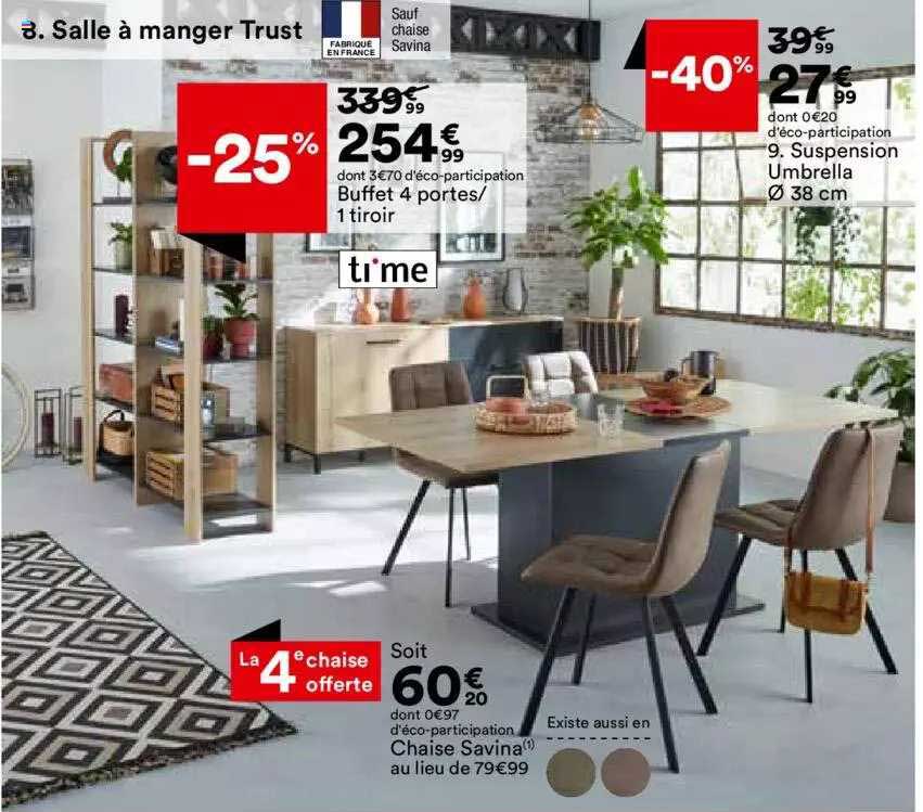 salle à manger trust : buffet 4 portes-1tiroir, suspension Umbrella ø 38 cm, chaise savina