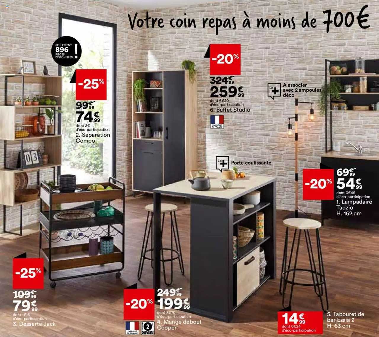 séparation compo, buffet studio, desserts jack, mange debout cooper, tabouret de bar essia i2, lampadaire tedzio