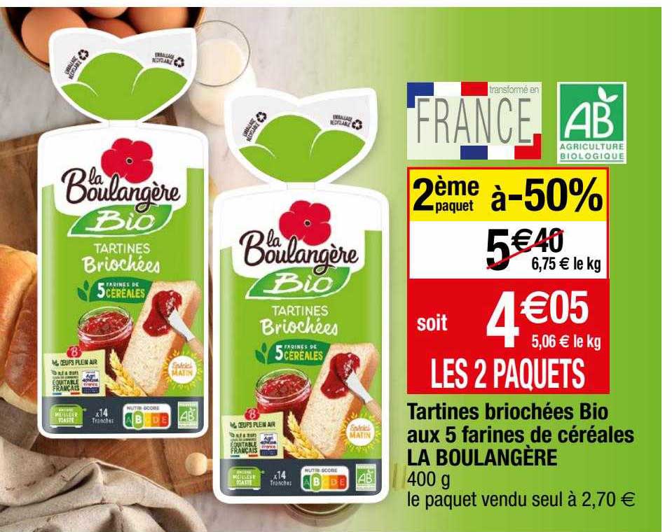 tartines briochées bio aux 5 farines de céréales la boulangère