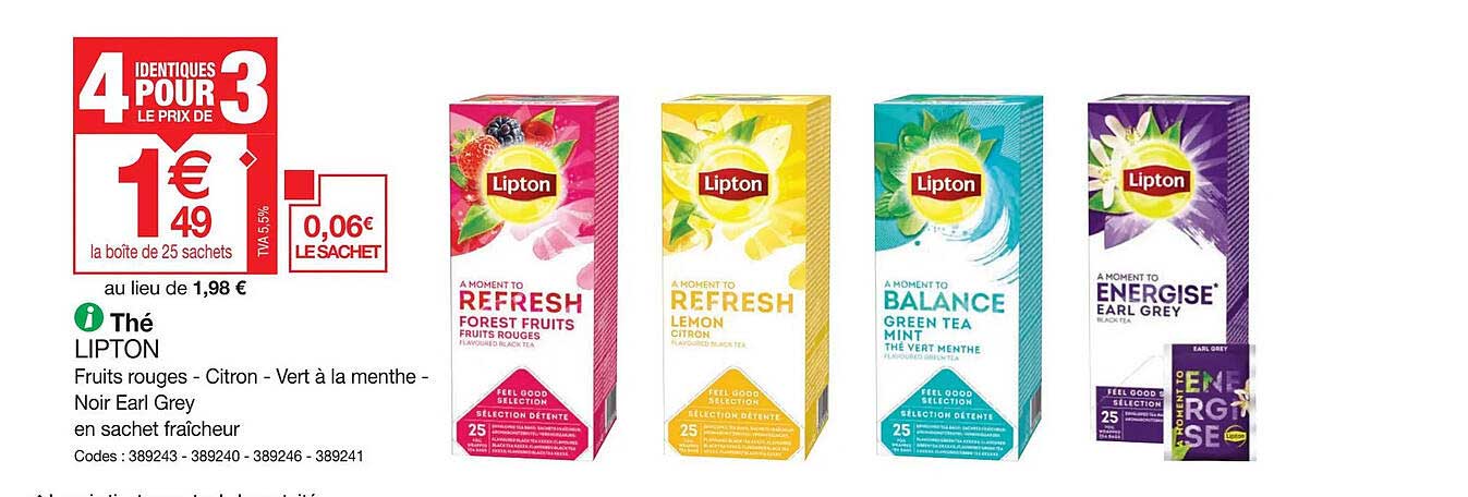 thé lipton fruits rouges - citron - vert à la menthe - noir earl grey