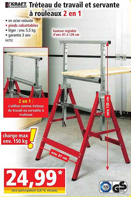 tréteau de travail et servante à rouleaux 2 en 1 kraft werkzeuge