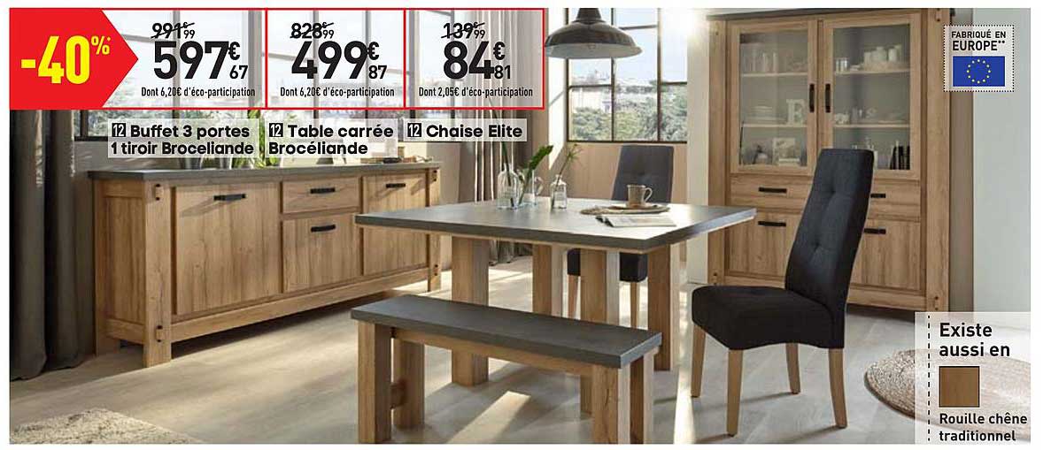 Buffet 3 Portes 1 Tiroir Broceliande Table Carrée Brocéliande Chaise Elite