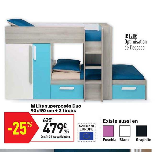 lits superposés duo 90x190 cm + 2 tiroirs