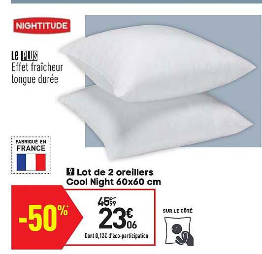 lot de 2 oreillers cool night 60x60 cm