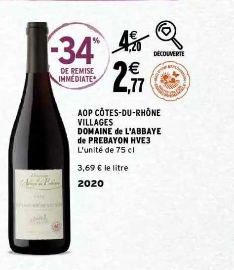aop côtes-du-rhône villages domaine de l'abbaye de prebayon hve3 2020