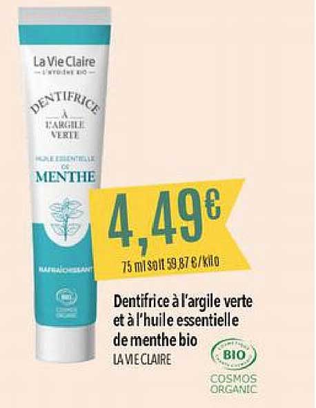 Dentifrice à L'argile Verte Et à L'huile Essentielle De Menthe Bio La Vie Claire