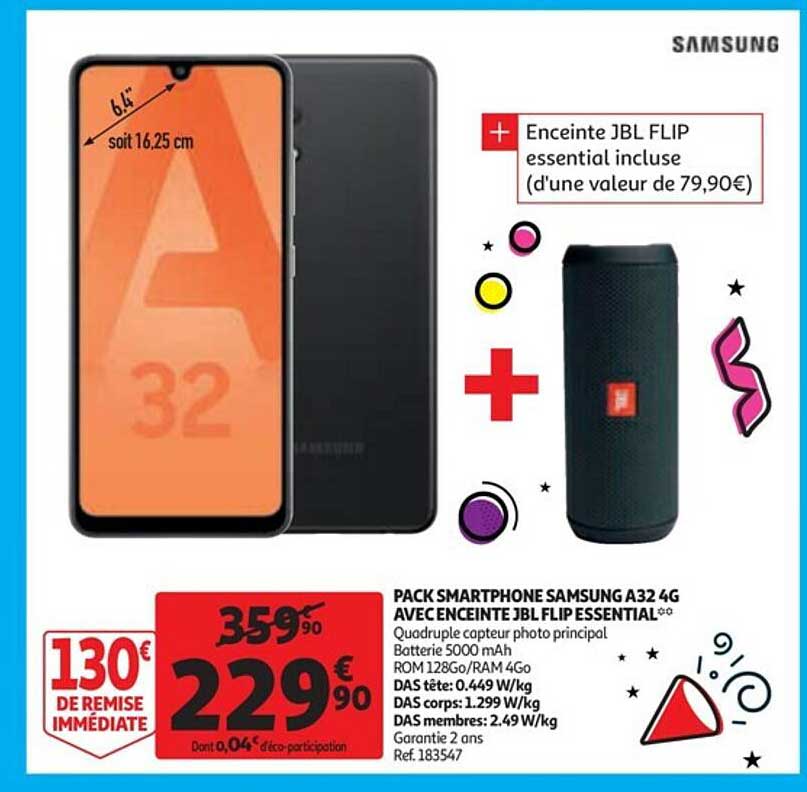 pack smartphone samsung a32 4g avec enceinte jbl flip essential