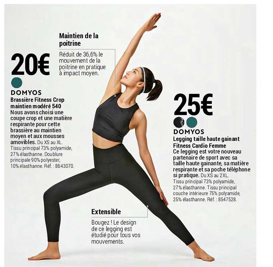 brassière fitness crop maitien modéré 540 domyos, legging taille haute gainant fitness cardio femme domyos