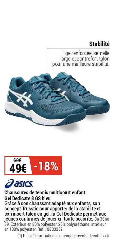 chaussures de tennis multicourt enfant gel dedicate 8 gs bleu asics