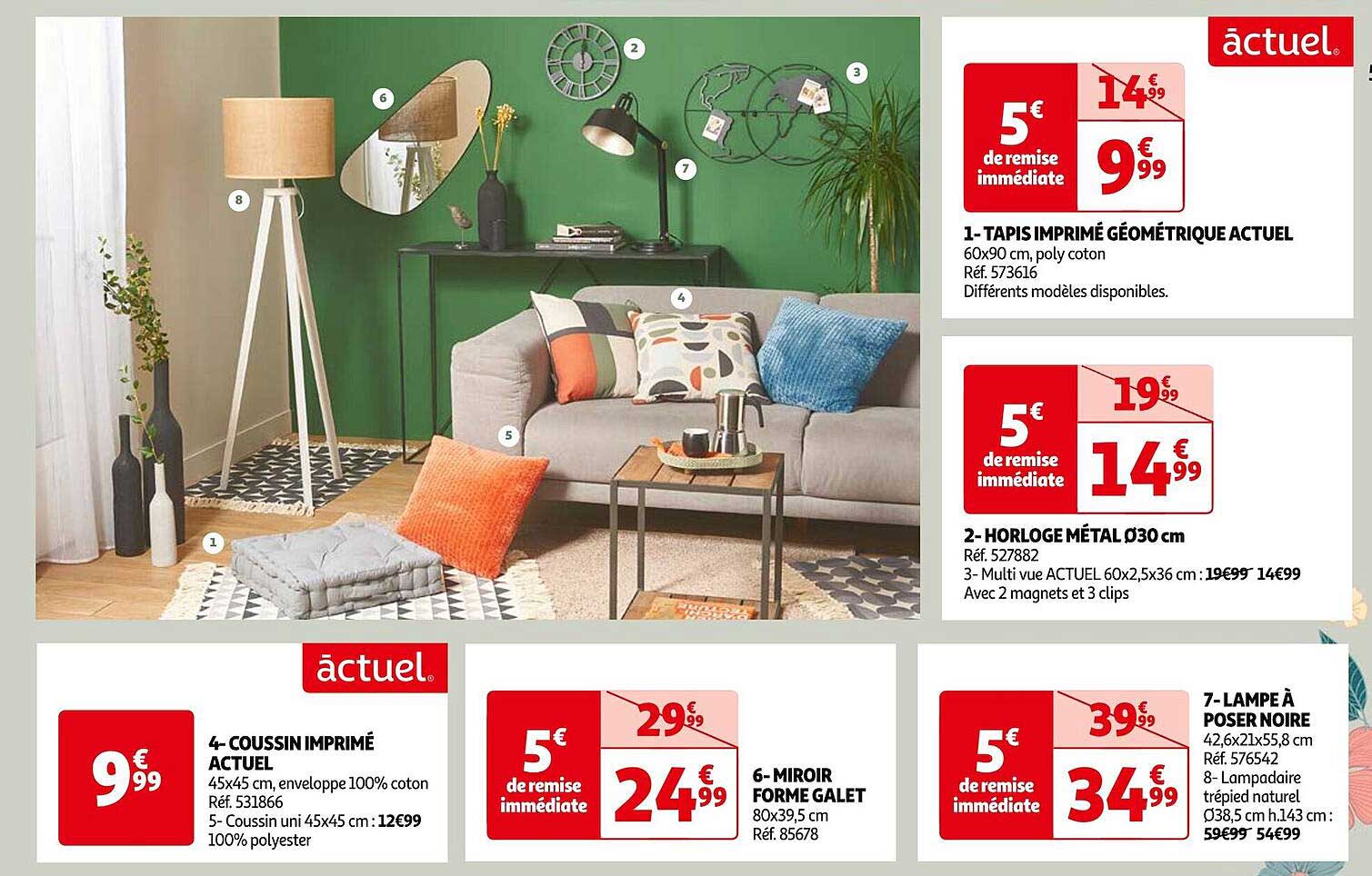 coussin imprimé actuel, miroir forme galet, tapis imprimé géométrique actuel, horloge métal ø 30 cm, lape à poser noire