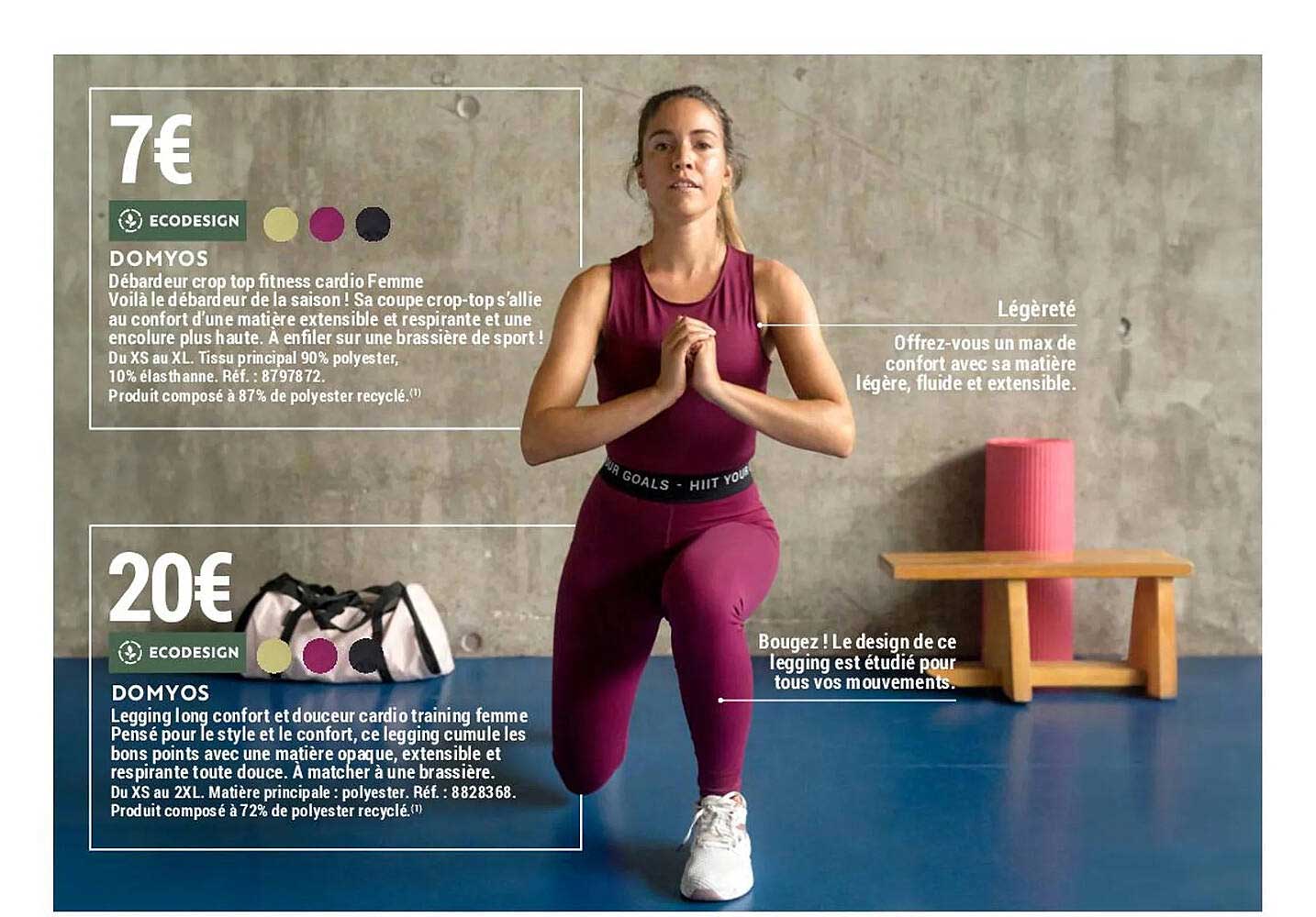 débardeur crop top fitness cardio femme domyos, legging long confort et douceur cardio training femme domyos