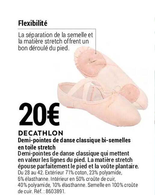 demi-pointes de danse classique bi-semelles en toile stretch decathlon