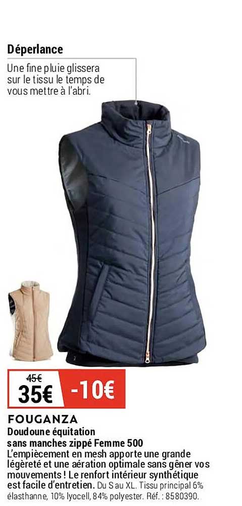 doudoune équitation sans manches zippé femme 500 fouganza