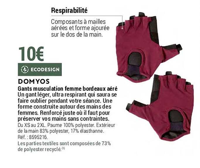 gants musculation femme bordeaux aéré domyos