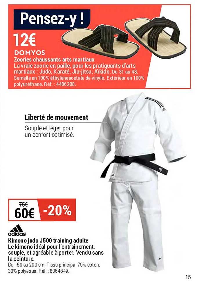kimono judo j500 training adulte adidas, zoories chaussants arts martiaux domyos