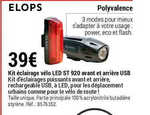 kit éclairage vélo led st 920 avant et arrière usb elops
