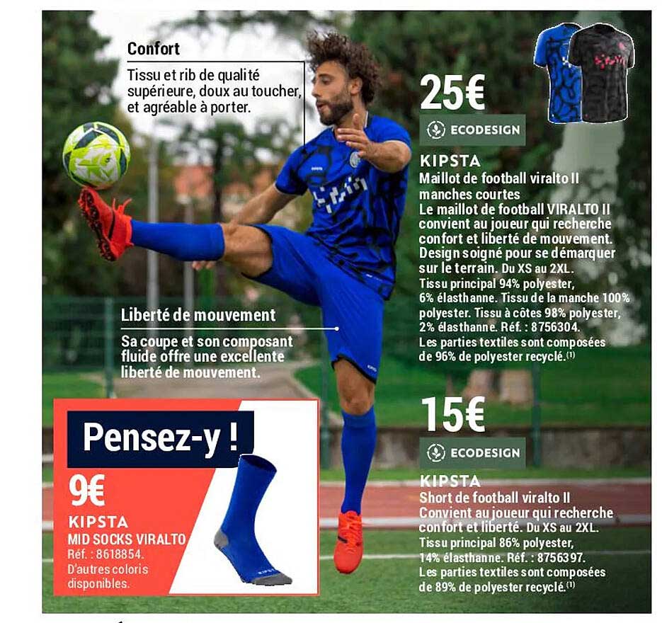 maillot de football viralto II manches courtes, short de football viralto II kipsta