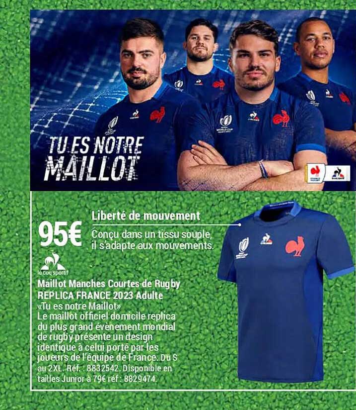 maillot manches courtes de rugby replica france 2023 adulte