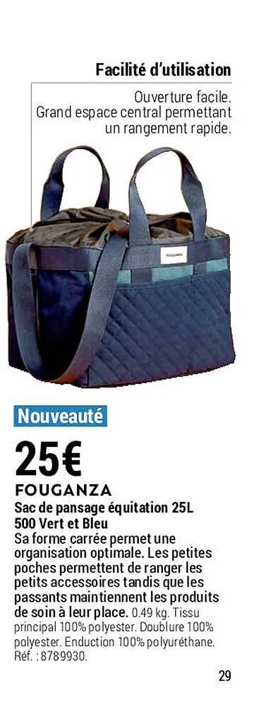 sac de pansage équitation 25 l 500 vert et bleu fouganza