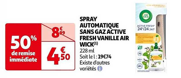spray automatique sans gaz active fresh vanille air wick
