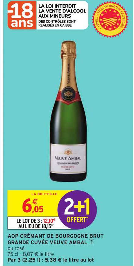 aop crémant de bourgogne brut grande cuvée veuve ambal 2+1 offert