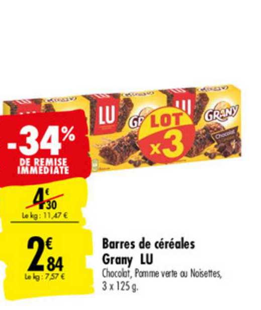 barres de céréales grany lu -34% de remise immédiate