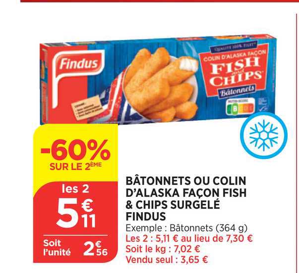 bâtonnets ou colin d'alaska façon fish & chips surgelé findus -60% sur le 2ème