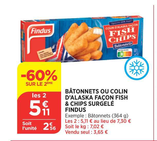 bâtonnets ou colin d'alaska façon fish & chips surgelé findus -60% sur le 2ème