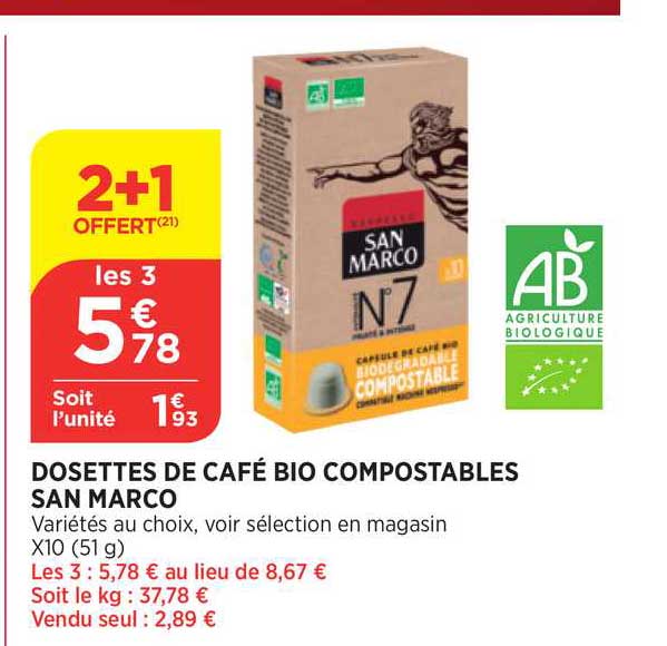 dosettes de café bio compostables san marco 2+1 offert