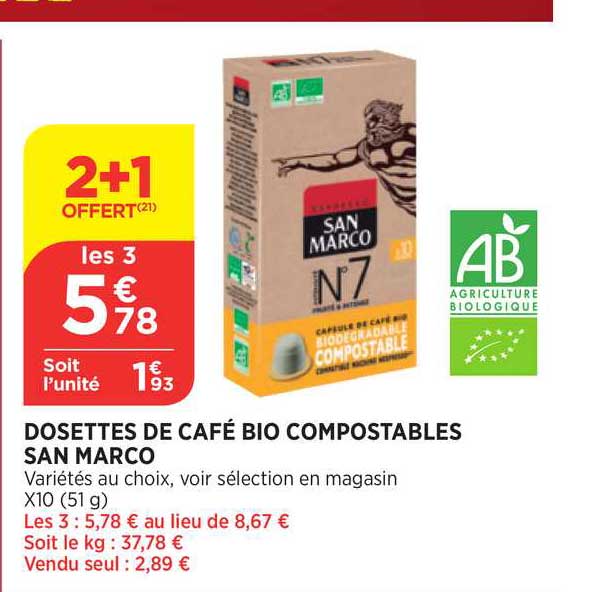 dosettes de café bio compostables san marco 2+1 offert