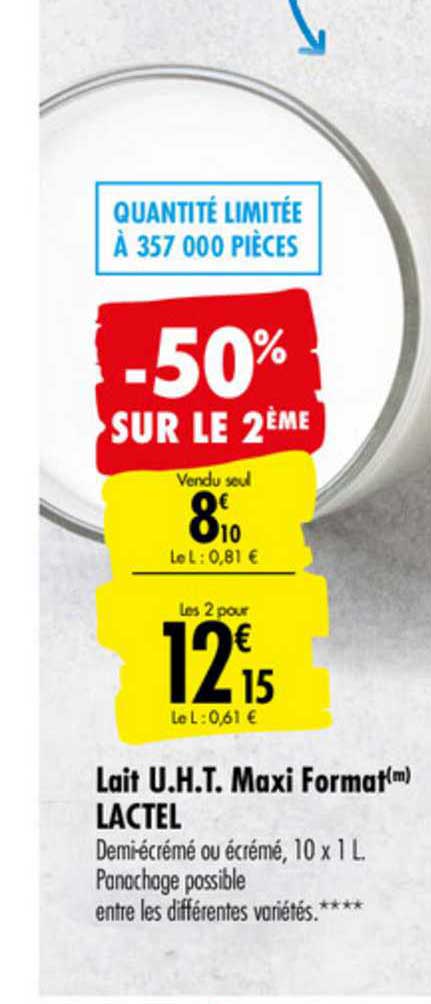 lait u.h.t. maxi format lactel -50% sur le 2ème