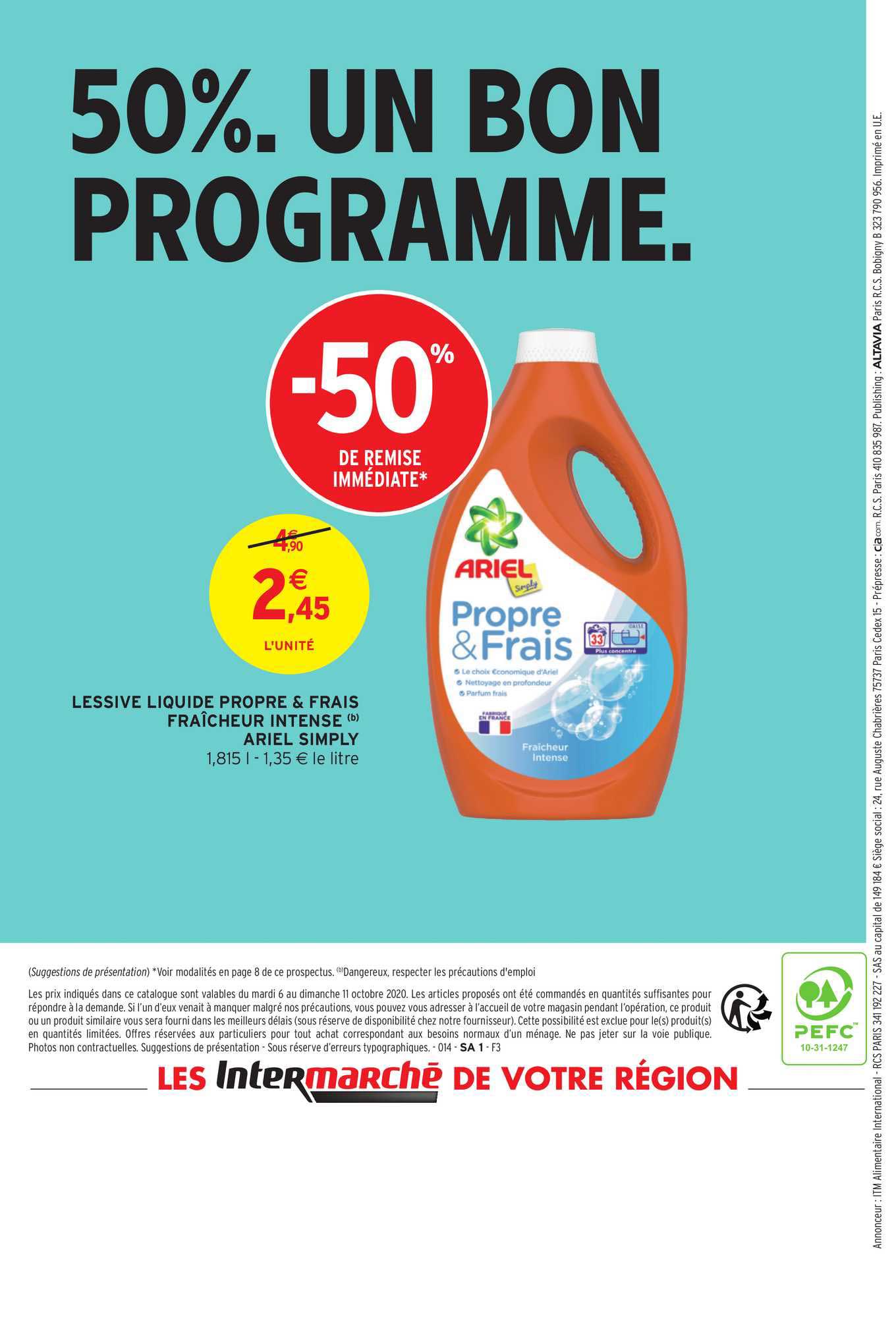 lessive liquide propre & frais fraîcheur intense ariel simply -50% de remise immédiate