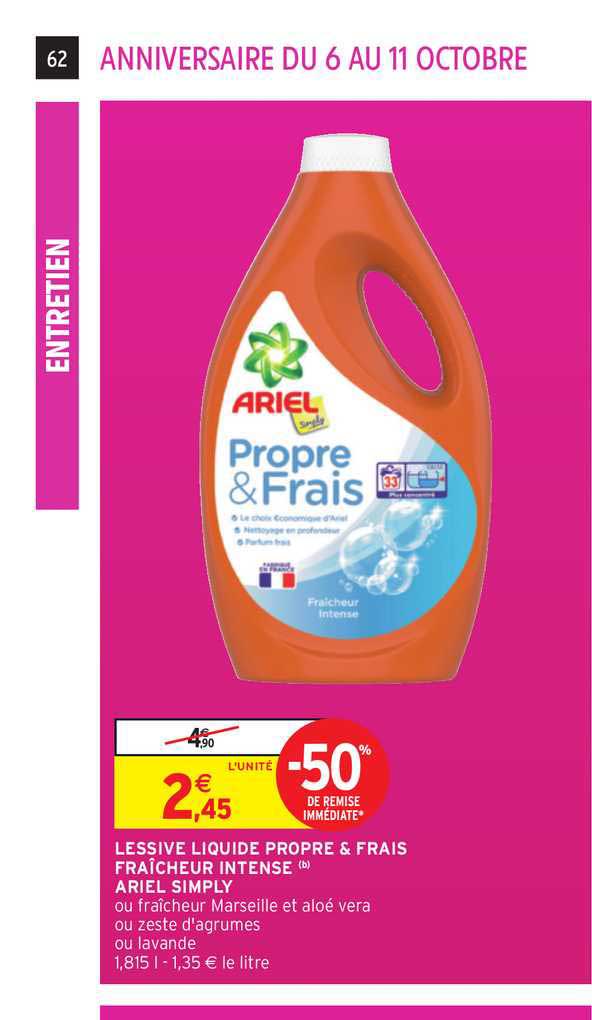 lessive liquide propre & frais fraîcheur intense ariel simply -50% de remise immédiate