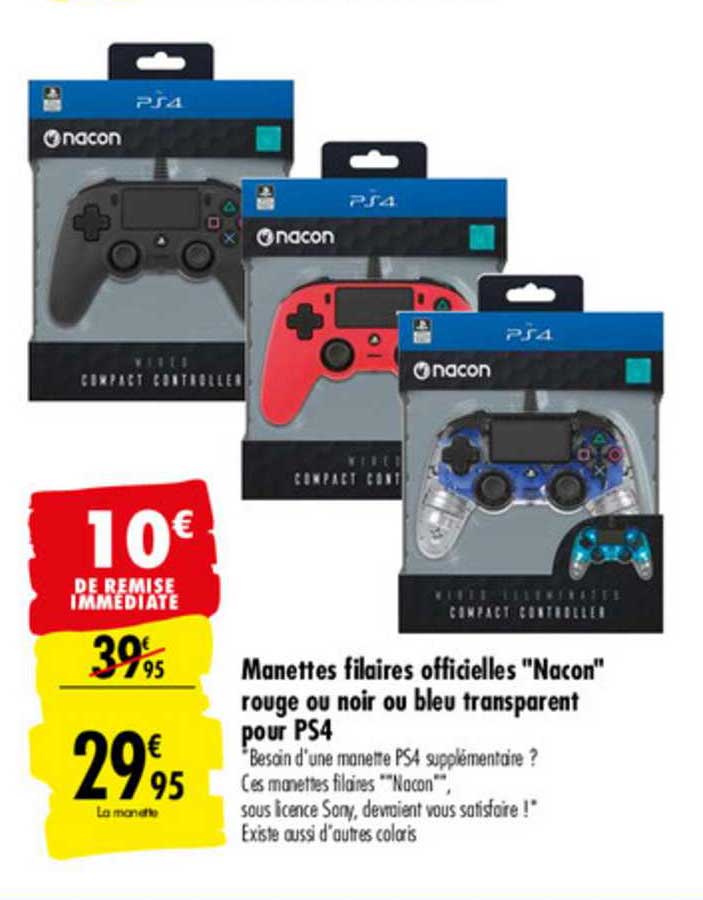 Manettes Filaires Officielles "nacon" Rouge Ou Noir Ou Bleu Transparent Pour Ps4