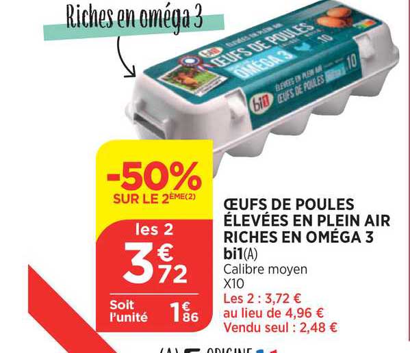 œufs de poules élevées en plein air riches en oméga 3 bi1 -50% sur le 2ème
