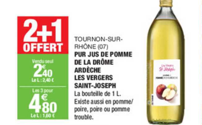 pur jus de pomme de la drôme ardèche les vergers saint joseph tournon sur rhône 2+1 offert