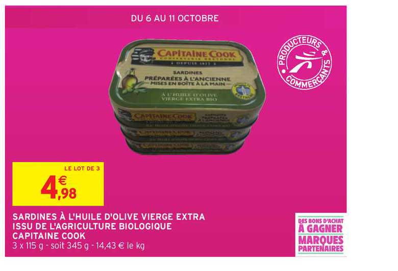 sardines à la l'huile d'olive vierge extra issu de l'agriculture biologique capitaine cook