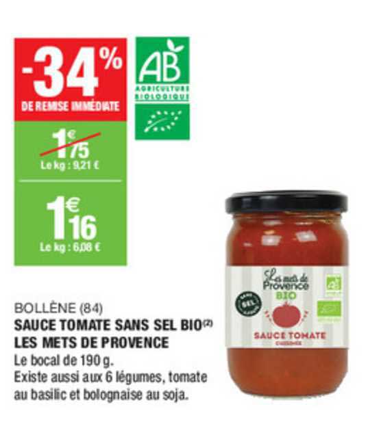sauce tomate sans sel bio les mets de provence -34% de remise immédiate