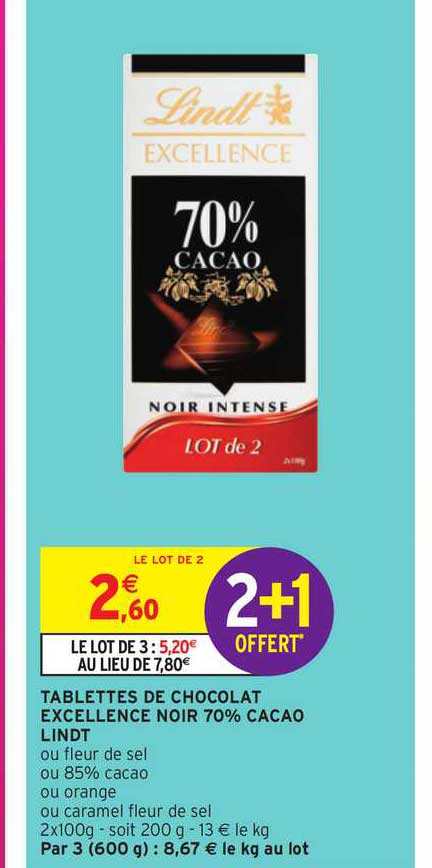 Tablette De Chocolat Excellence Noir 70% Cacao Lindt 2+1 Offert