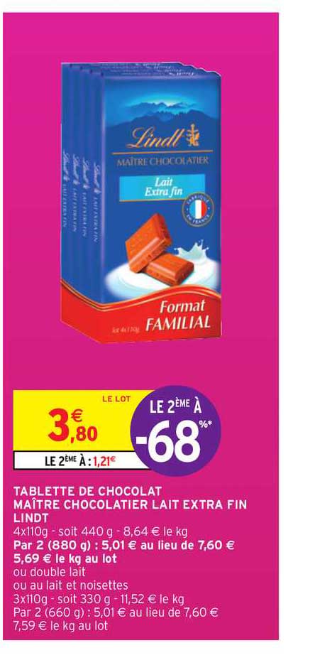 tablette de chocolat maître chocolatier lait extra fin lindt le 2ème à -68%
