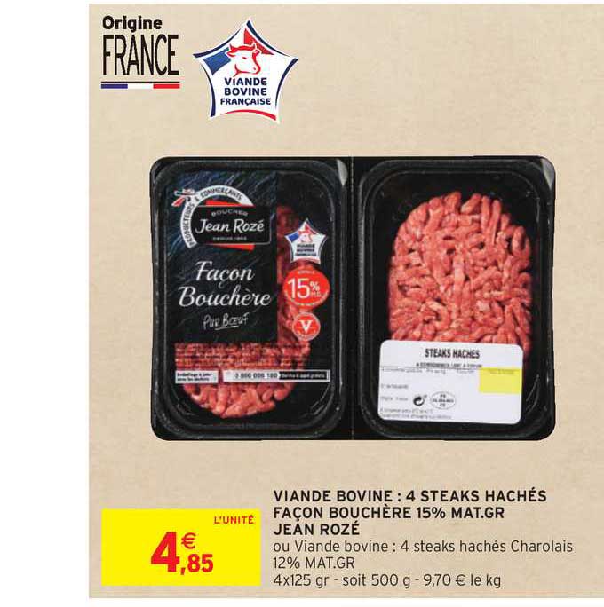 viande bovine 4 steaks hachés façon bouchère 15% m.g. jean rozé