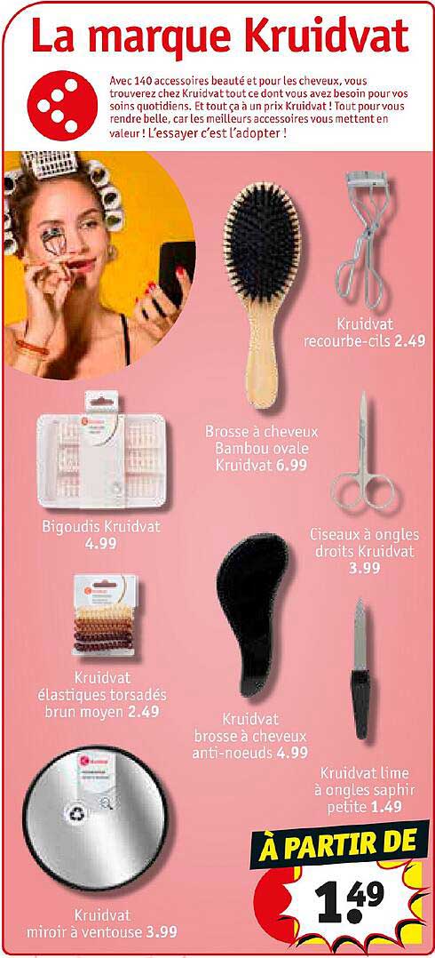 biboudis kruidvat, brosse à cheveux bambou ovale, recoupe-cils, ciseaux à ongles droits, élastique torsadés brun, brosse à cheveux anti-nœuds, lime à ongles saphir petite, miroir à ventouse