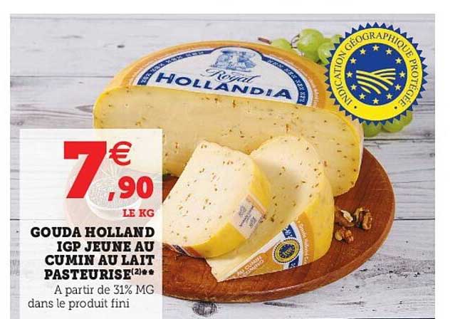 gouda holland igp jeune au cumin au lait pasteurisé